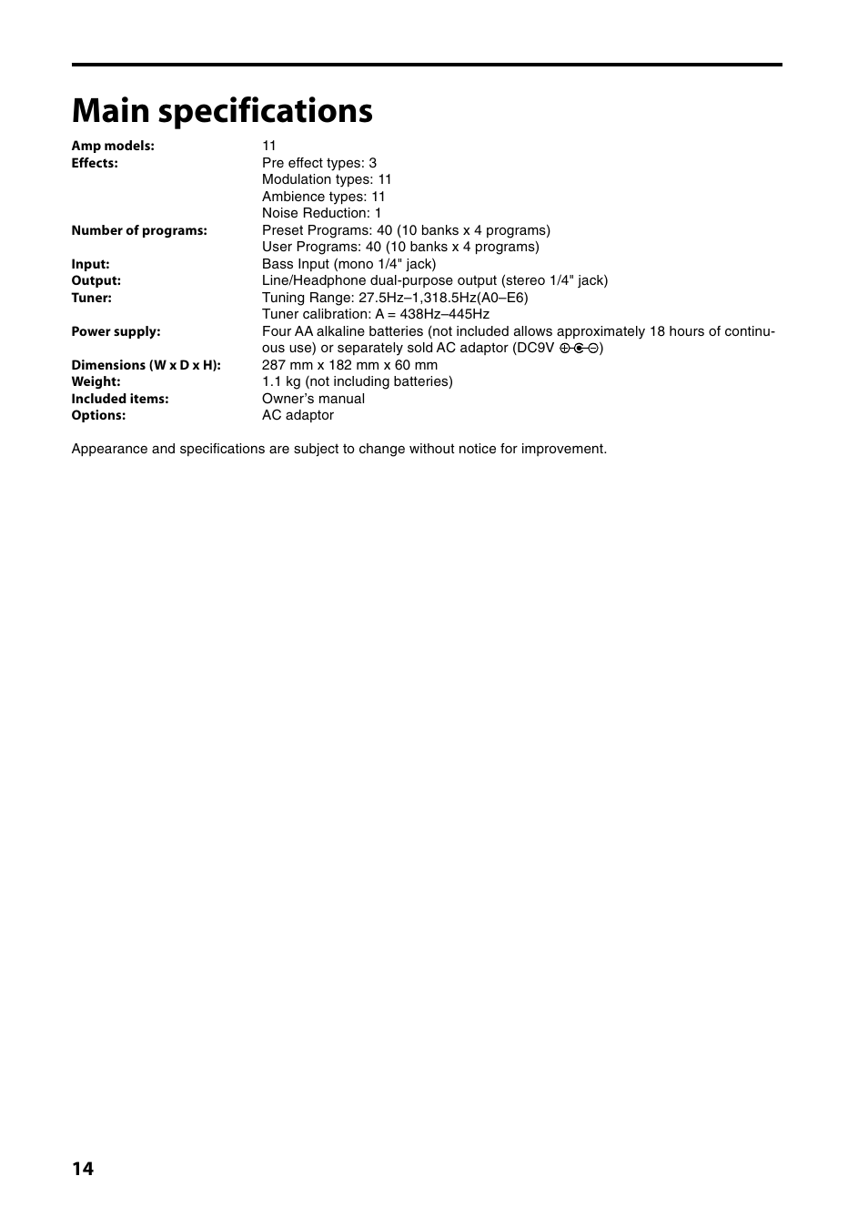 Main specifications | KORG AX10B User Manual | Page 14 / 40