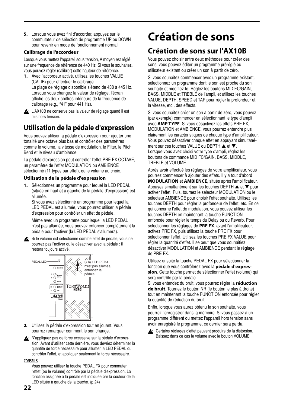 Utilisation de la pédale d'expression, Création de sons, Création de sons sur l'ax10b | KORG AX10B User Manual | Page 22 / 40