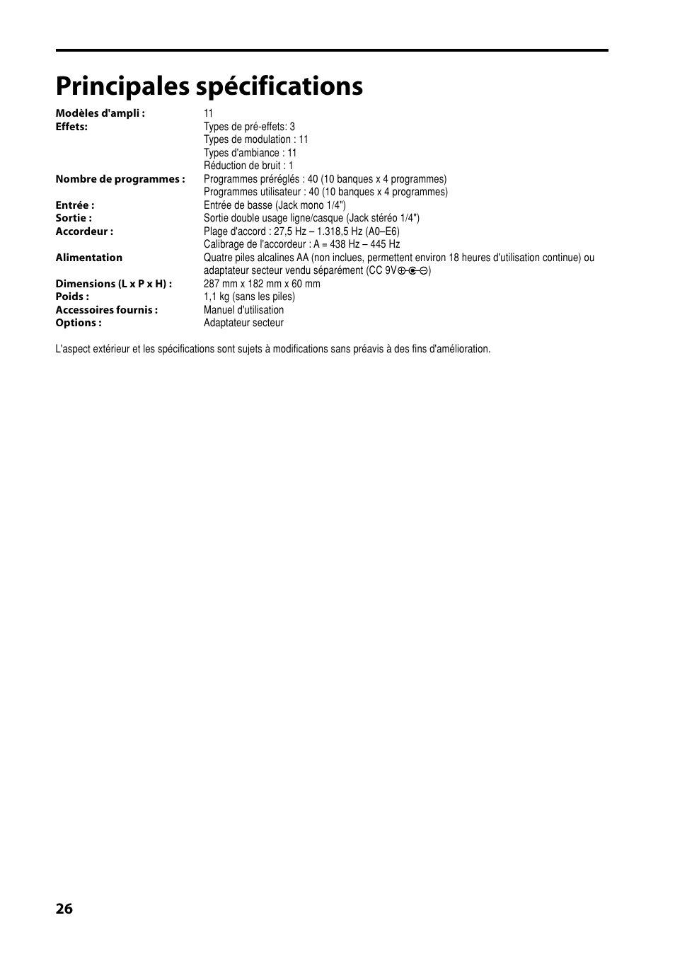 Principales spécifications | KORG AX10B User Manual | Page 26 / 40