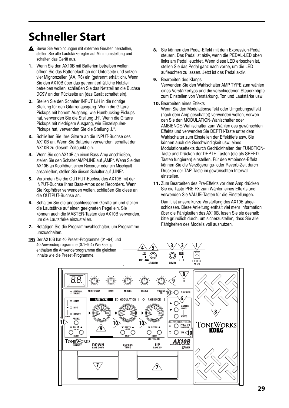 Schneller start | KORG AX10B User Manual | Page 29 / 40