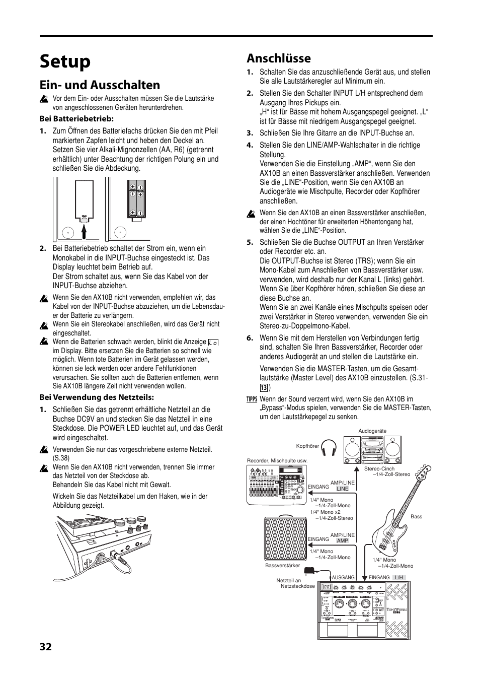 Setup, Ein- und ausschalten, Anschlüsse | KORG AX10B User Manual | Page 32 / 40