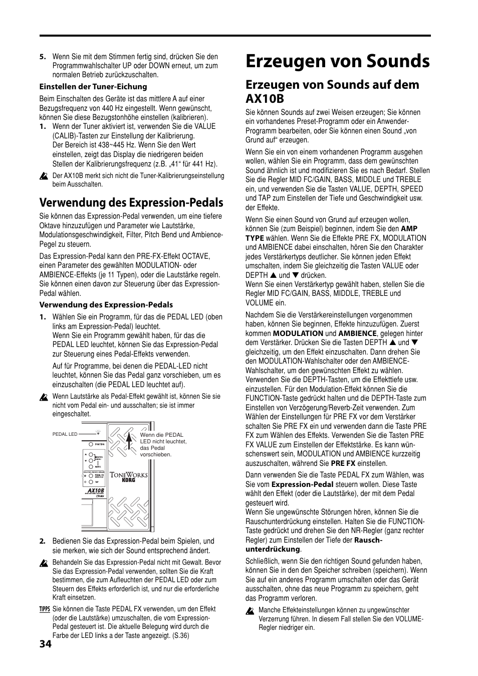 Verwendung des expression-pedals, Erzeugen von sounds, Erzeugen von sounds auf dem ax10b | KORG AX10B User Manual | Page 34 / 40