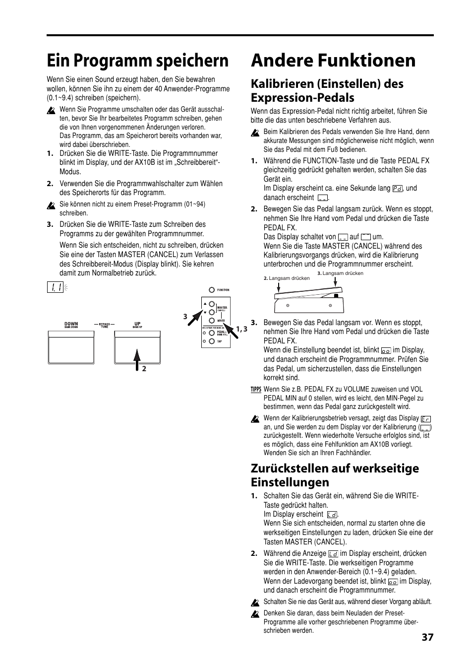 Ein programm speichern, Andere funktionen, Kalibrieren (einstellen) des expression-pedals | Zurückstellen auf werkseitige einstellungen | KORG AX10B User Manual | Page 37 / 40