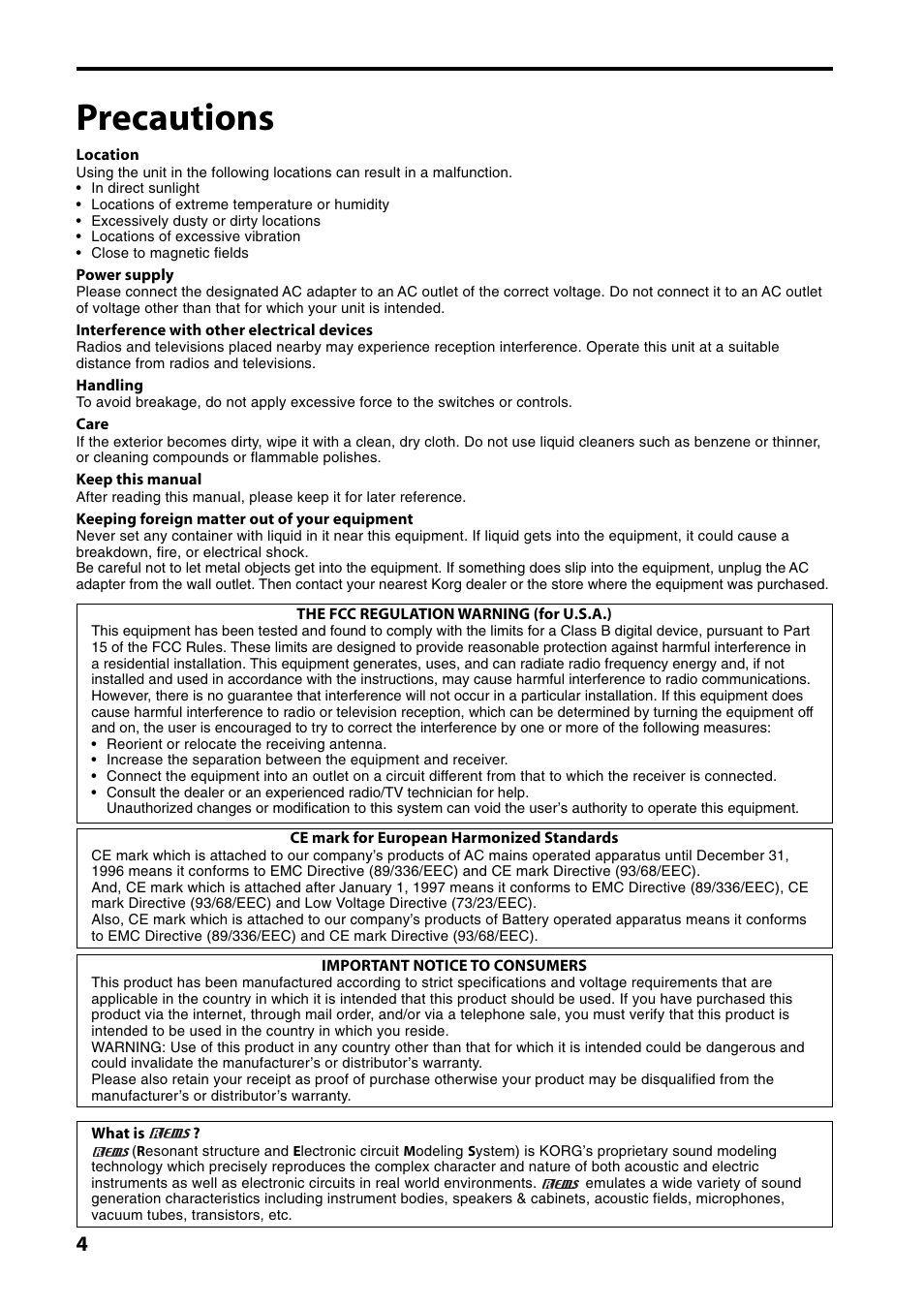 Precautions | KORG AX10B User Manual | Page 4 / 40