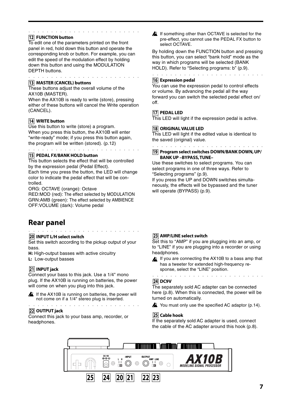 Rear panel | KORG AX10B User Manual | Page 7 / 40