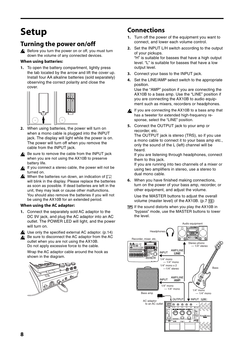 Setup, Turning the power on/off, Connections | KORG AX10B User Manual | Page 8 / 40