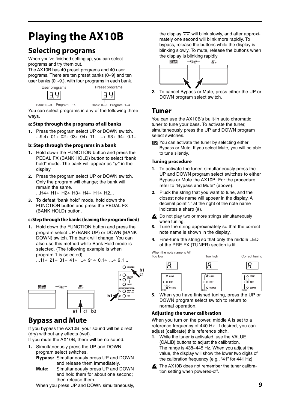 Playing the ax10b, Selecting programs, Bypass and mute | Tuner | KORG AX10B User Manual | Page 9 / 40