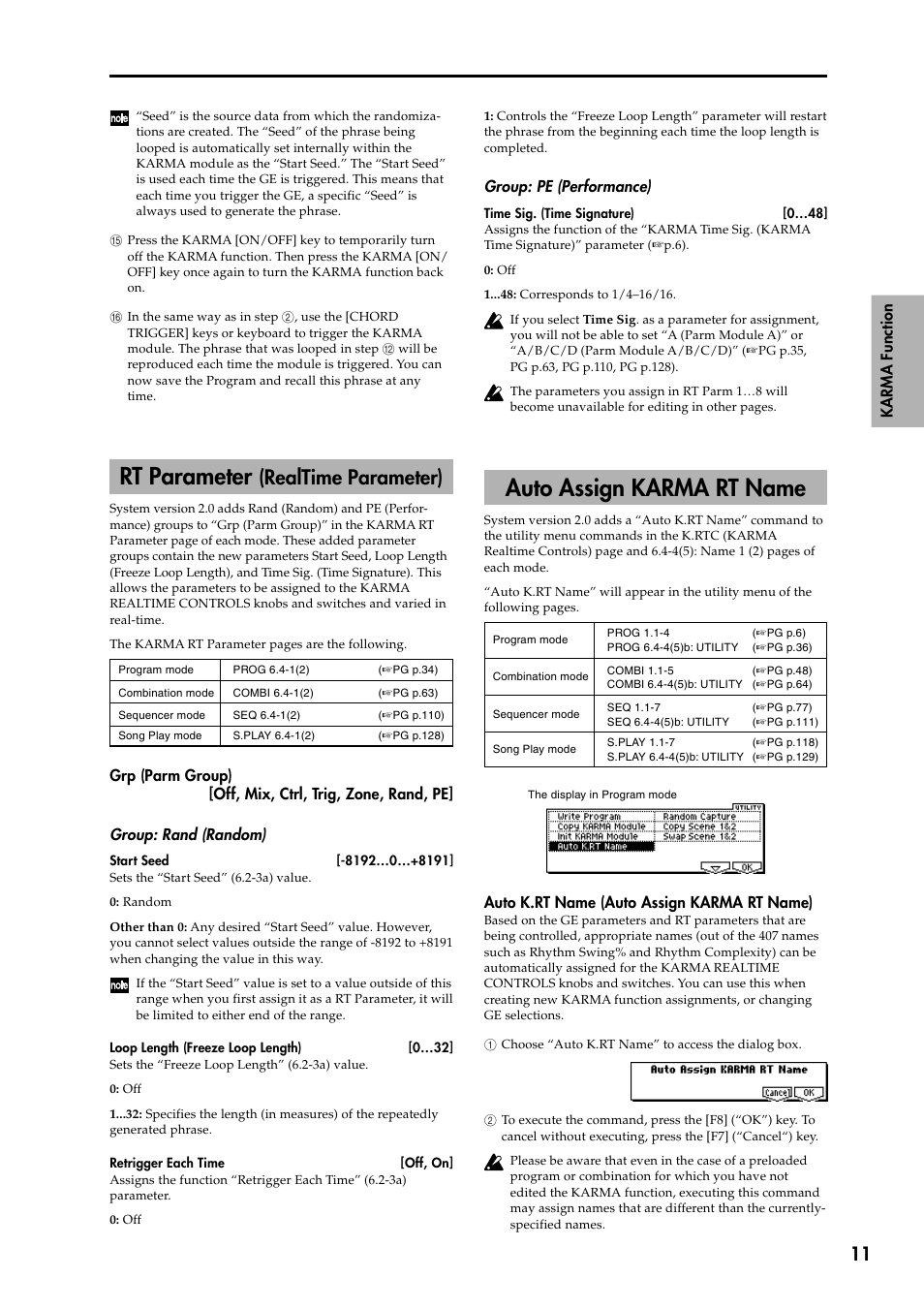 Rt parameter (realtime parameter), Auto assign karma rt name, Rt parameter | Realtime parameter), Karma function, Group: pe (performance), Auto k.rt name (auto assign karma rt name) | KORG KARMA 2 User Manual | Page 12 / 30