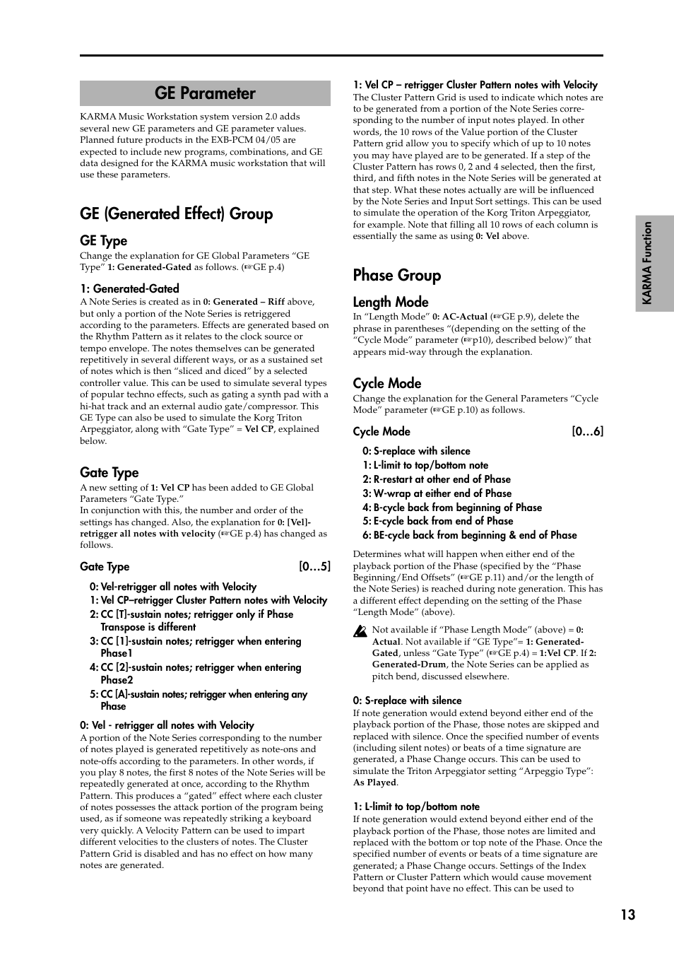 Ge parameter, Ge (generated effect) group, Phase group | Ge (generated effect) group phase group, Ge type, Gate type, Length mode, Cycle mode | KORG KARMA 2 User Manual | Page 14 / 30