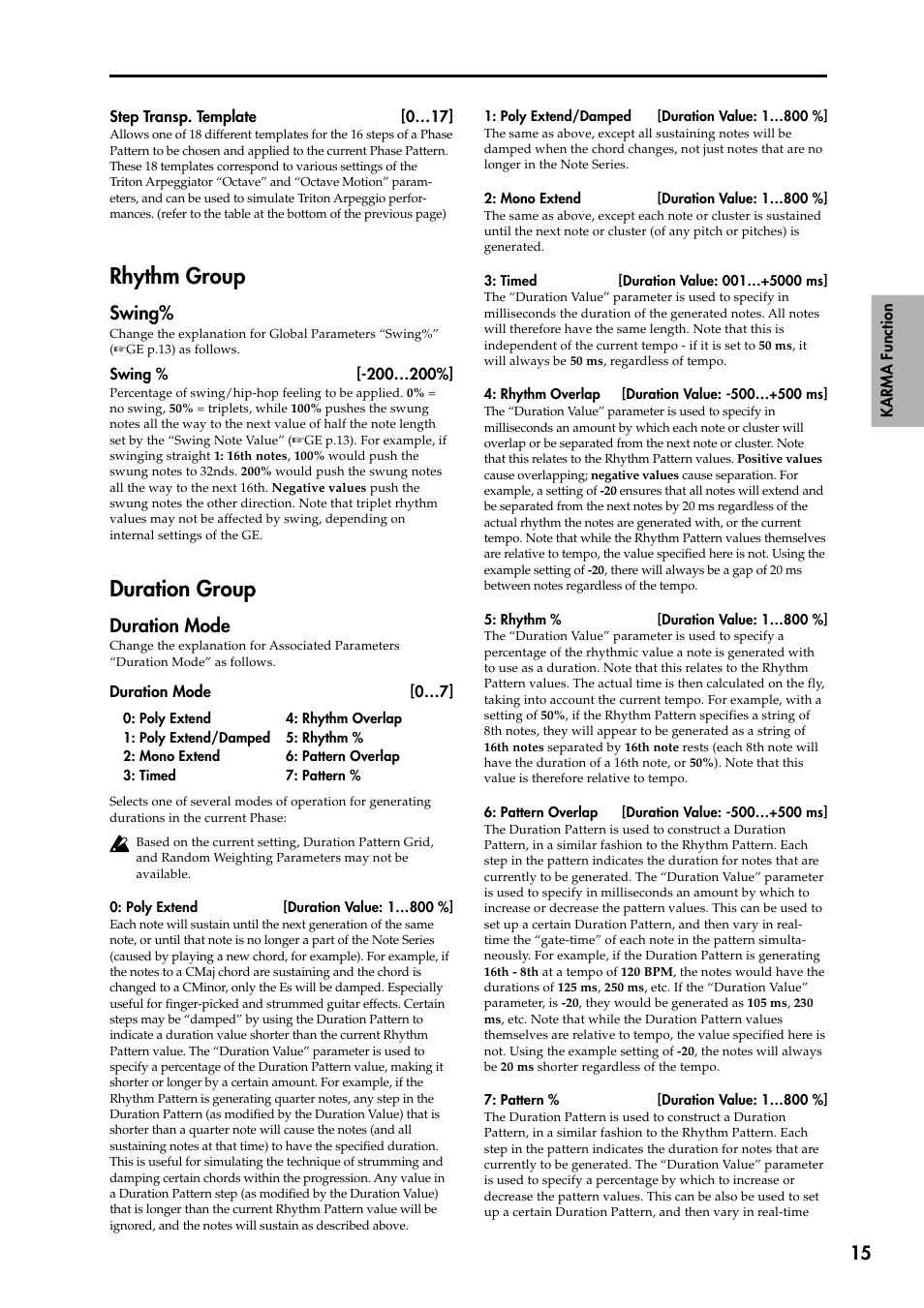 Rhythm group, Duration group, Rhythm group duration group | Swing, Duration mode | KORG KARMA 2 User Manual | Page 16 / 30