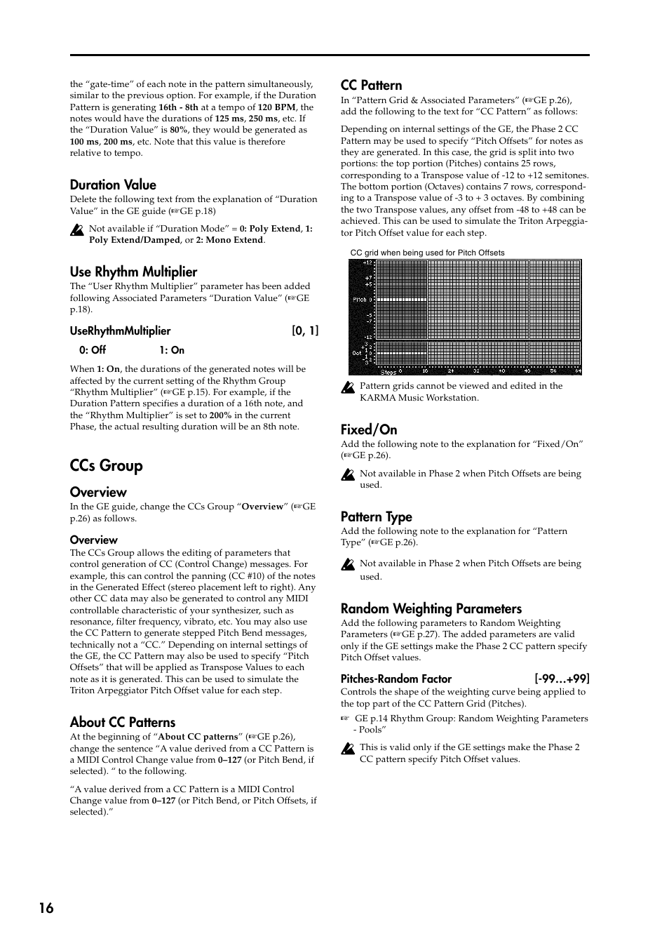 Ccs group, Duration value, Use rhythm multiplier | Overview, About cc patterns, Cc pattern, Fixed/on, Pattern type, Random weighting parameters | KORG KARMA 2 User Manual | Page 17 / 30