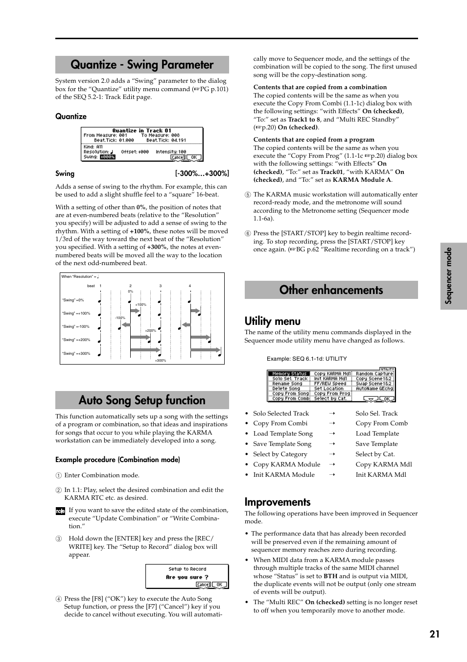 Quantize - swing parameter, Auto song setup function, Other enhancements | Utility menu, Improvements, Auto song setup function other enhancements, Utility menu improvements | KORG KARMA 2 User Manual | Page 22 / 30