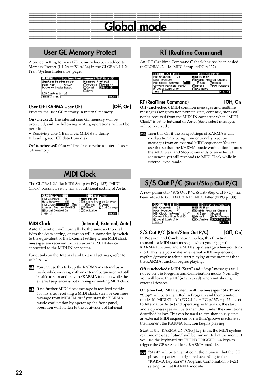 Global mode, User ge memory protect, Midi clock | Rt (realtime command), S/s out p/c (start/stop out p/c), User ge memory protect midi clock rt, Realtime command), S/s out p/c, Start/stop out p/c) | KORG KARMA 2 User Manual | Page 23 / 30