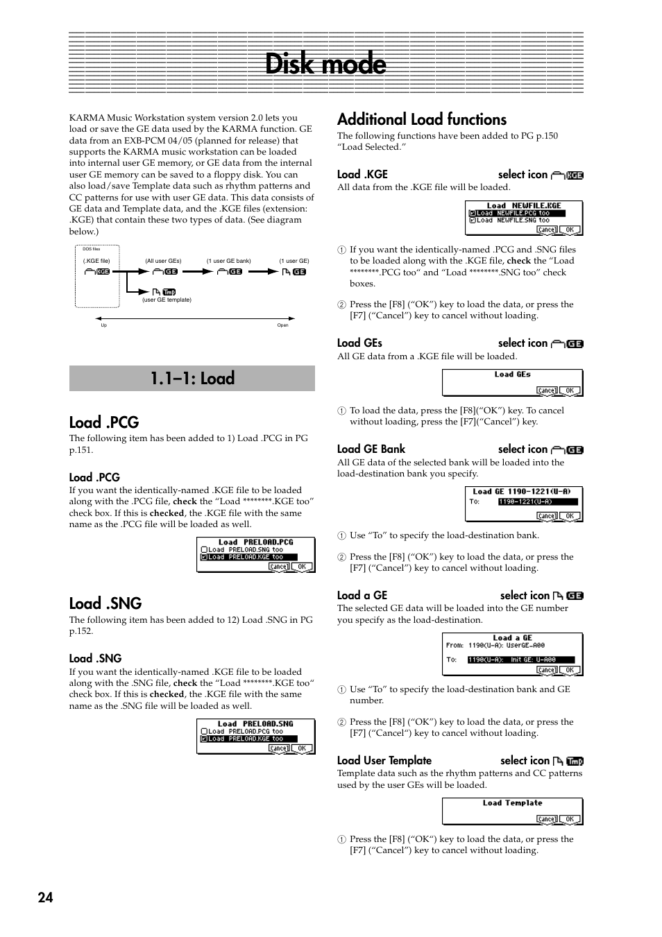 Disk mode, 1–1: load, Load .pcg | Load .sng, Additional load functions, Load .pcg load .sng additional load functions | KORG KARMA 2 User Manual | Page 25 / 30