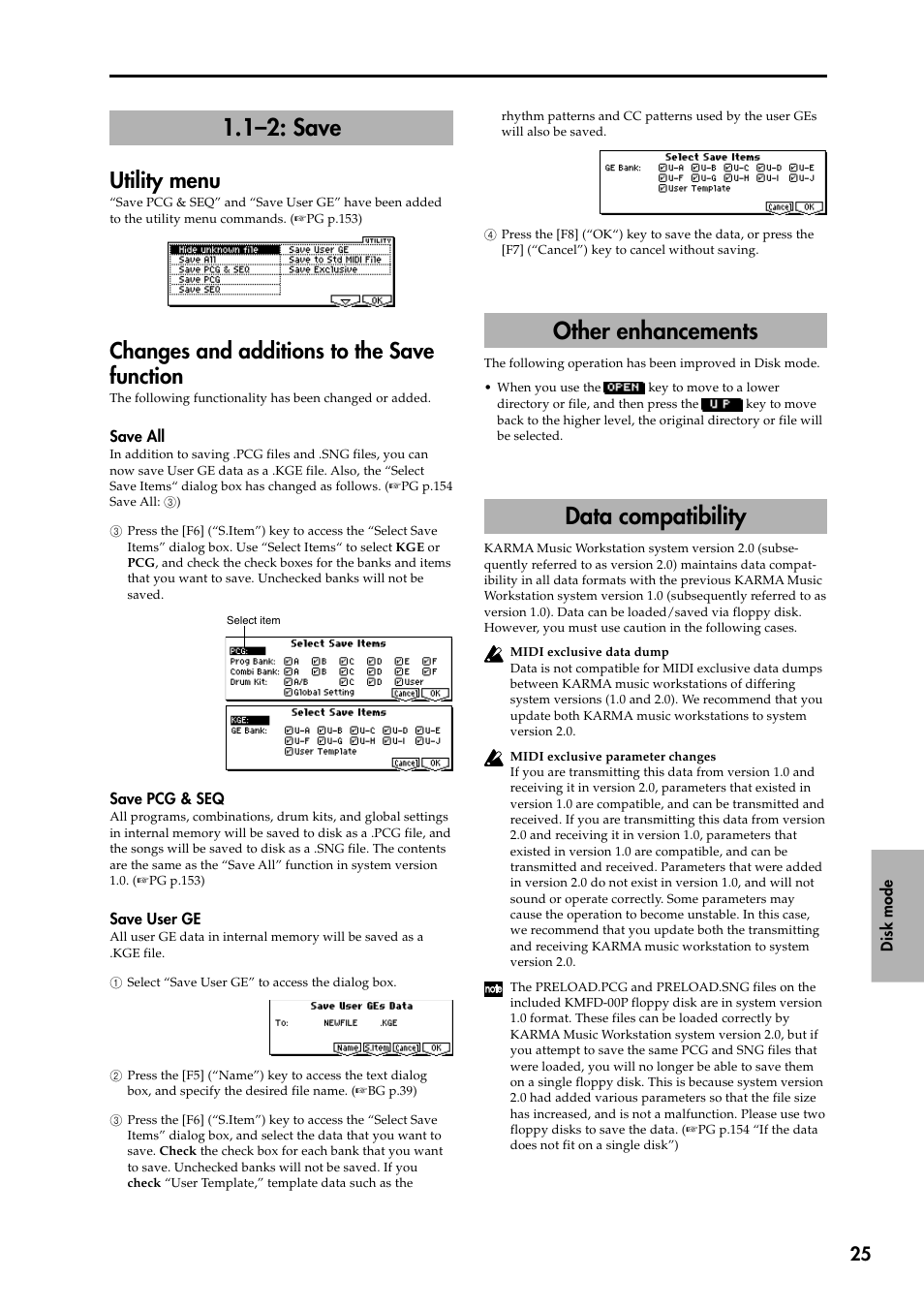 1–2: save, Utility menu, Changes and additions to the save function | Other enhancements, Data compatibility, Other enhancements data compatibility | KORG KARMA 2 User Manual | Page 26 / 30