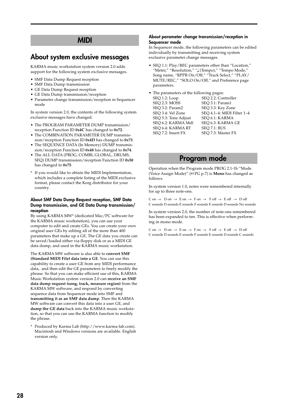 Midi, About system exclusive messages, Program mode | KORG KARMA 2 User Manual | Page 29 / 30