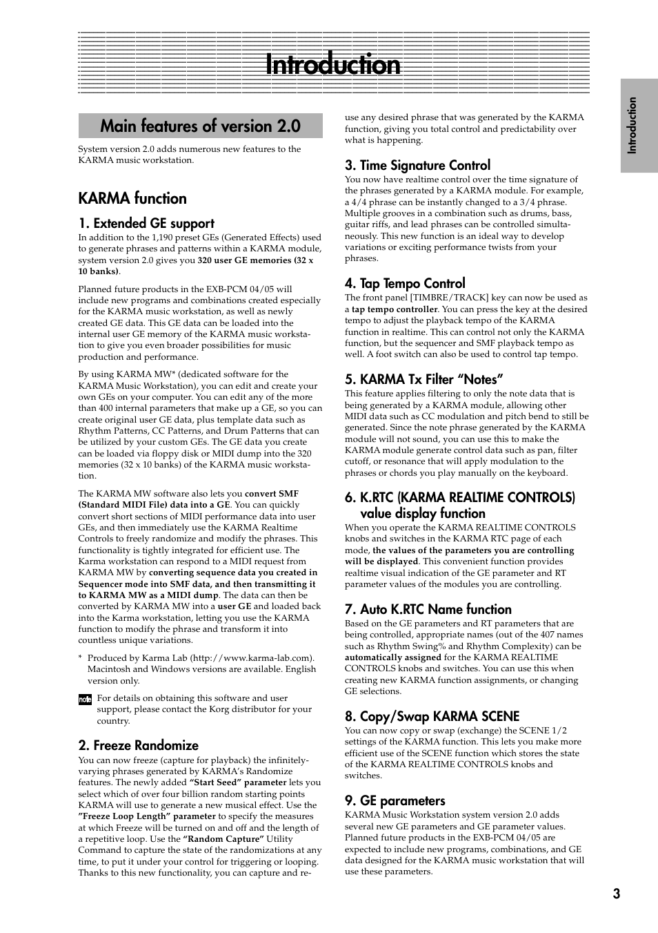 Introduction, Main features of version 2.0, Karma function | Extended ge support, Freeze randomize, Time signature control, Tap tempo control, Auto k.rtc name function, Copy/swap karma scene, Ge parameters | KORG KARMA 2 User Manual | Page 4 / 30