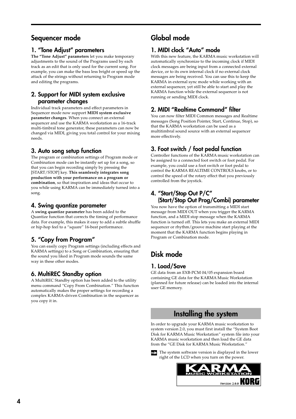 Sequencer mode, Global mode, Disk mode | Installing the system, Sequencer mode global mode disk mode | KORG KARMA 2 User Manual | Page 5 / 30