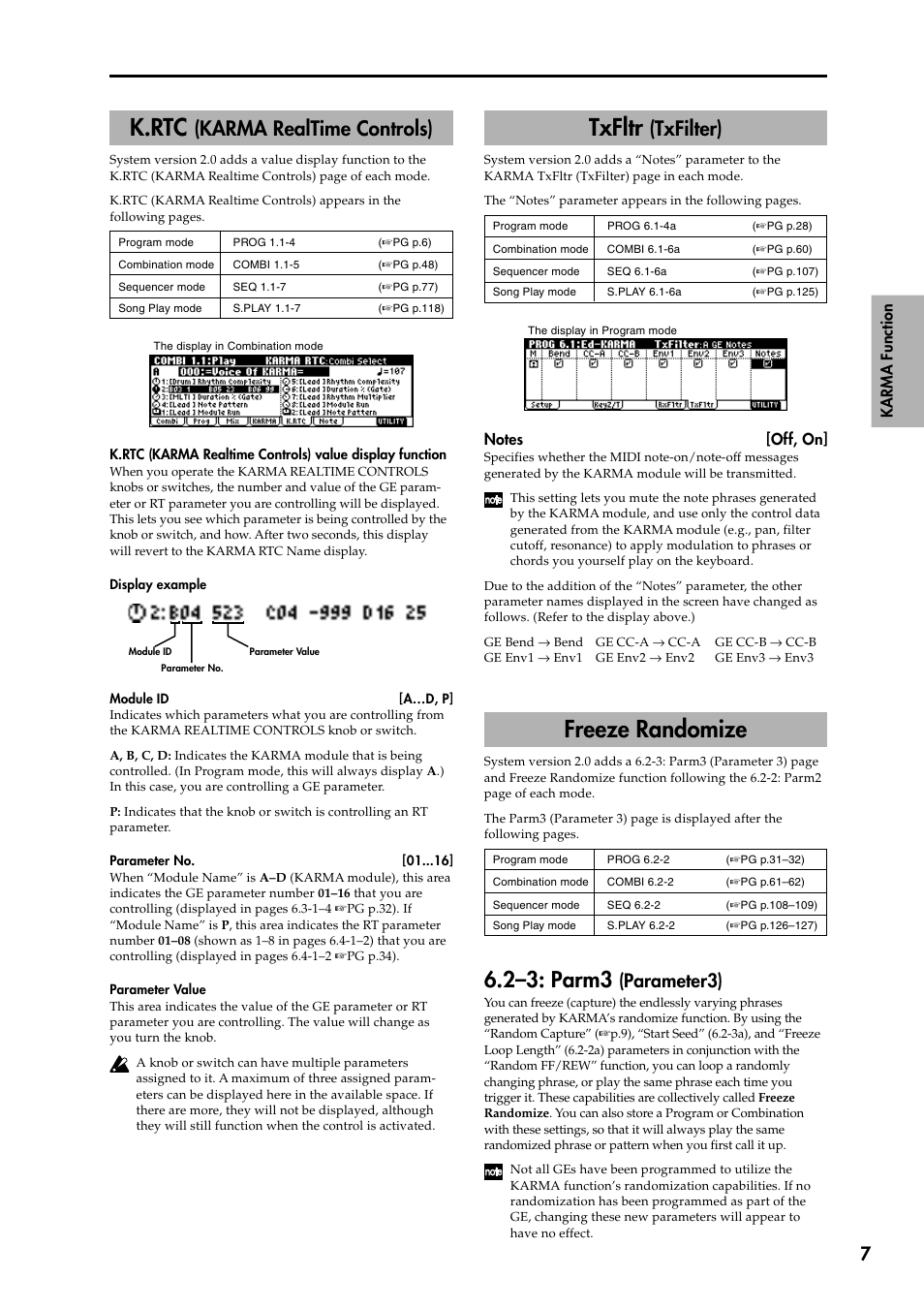 K.rtc (karma realtime controls), Txfltr (txfilter), Freeze randomize | 2–3: parm3 (parameter3), K.rtc, Karma realtime controls), Txfltr, Txfilter), 2–3: parm3, Parameter3) | KORG KARMA 2 User Manual | Page 8 / 30