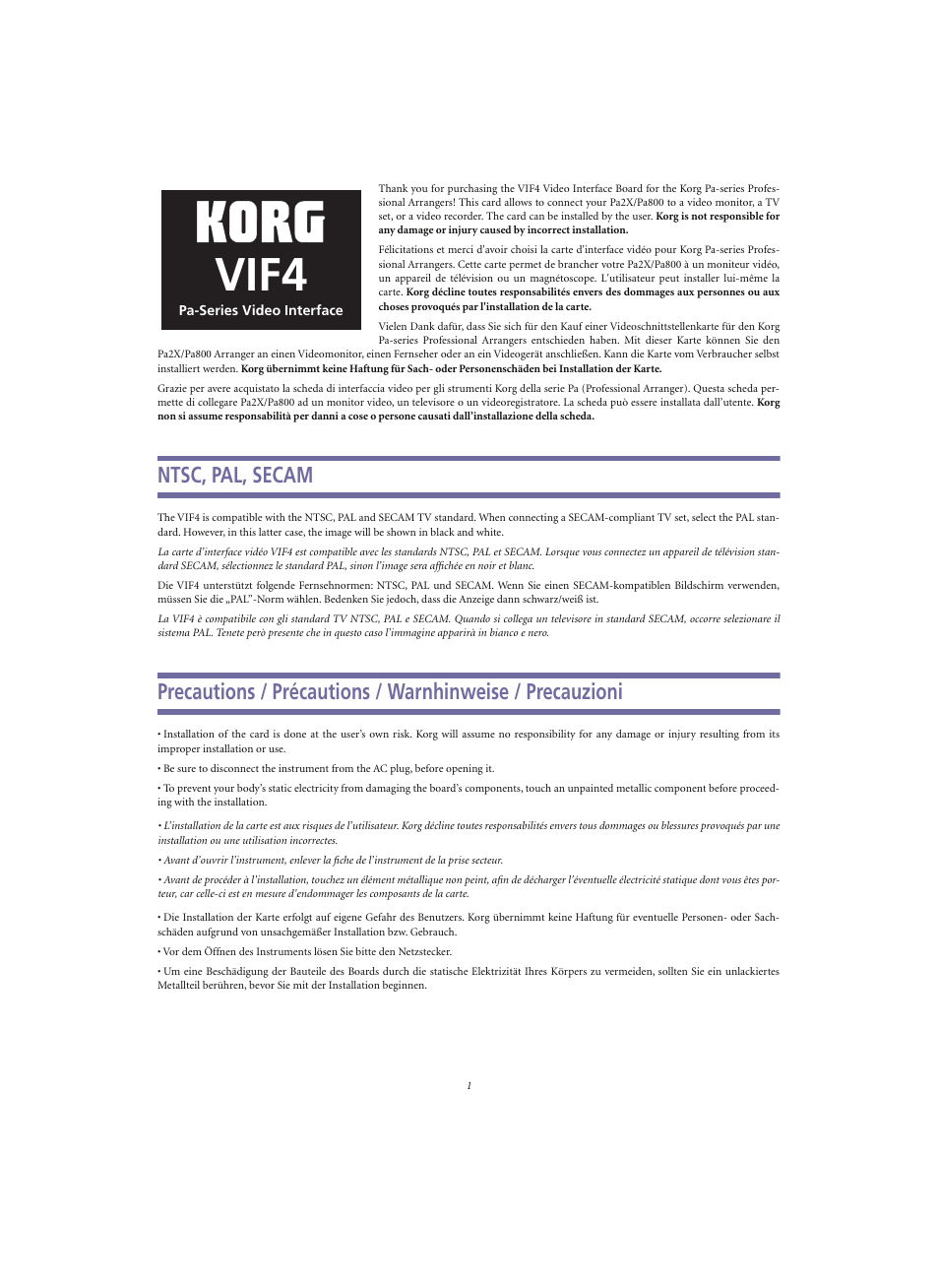 KORG Pa-Series Video Interface VIF4 User Manual | 7 pages