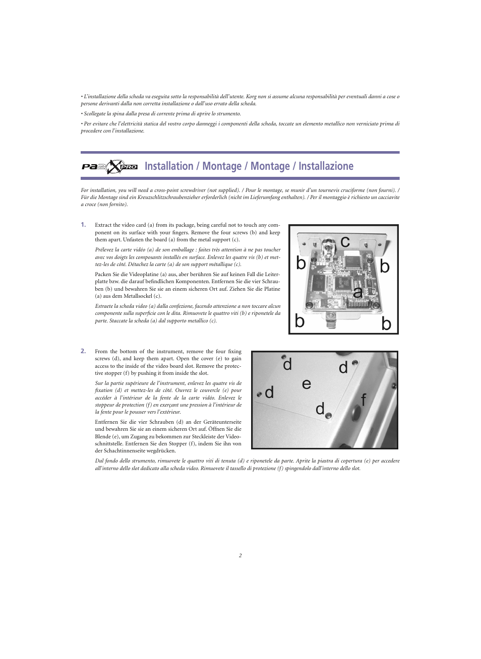 Installation / montage / montage / installazione | KORG Pa-Series Video Interface VIF4 User Manual | Page 2 / 7