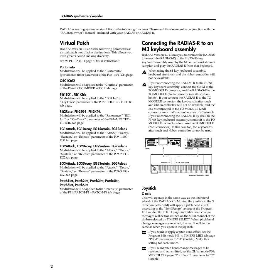 Virtual patch, Connecting the radias-r to an m3 keyboard assembly, Joystick | KORG Radias MMT User Manual | Page 2 / 6