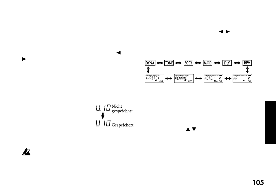 Edit-modus, Auswählen des zu bearbeitenden effekts, Effektbearbeitung | Auswählen des zu bearbeitenden, Effekts | KORG Pandora PX4A User Manual | Page 105 / 121