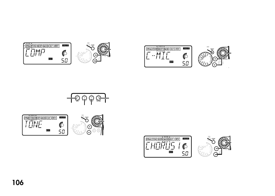 1) dyna (dynamik-effekte), 2) tone (klangregler), 3) body (mikrofon- und körper-modeling) | 4) mod (modulation- und filtereffekt-modeling), 4) mod (modulation- und filtereffekt, Modeling), 3) body (mikrofon- und körper- modeling), 4) mod (modulation- und filtereffekt- modeling) | KORG Pandora PX4A User Manual | Page 106 / 121