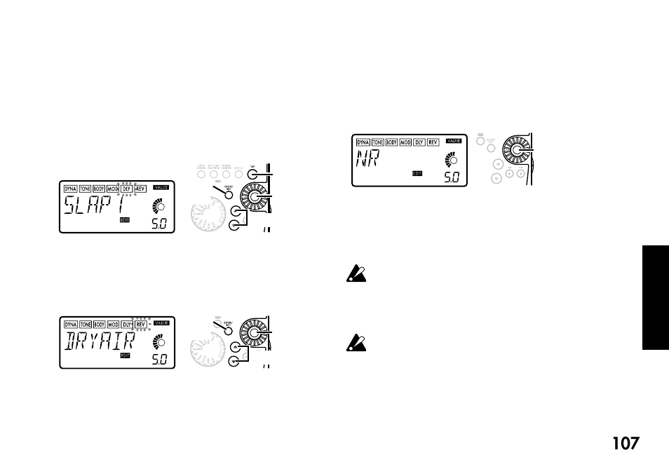 5) dly (delay modeling), 6) rev (reverb modeling), 7) nr (noise reduction/rauschunterdrückung) | Unterdrückung) | KORG Pandora PX4A User Manual | Page 107 / 121