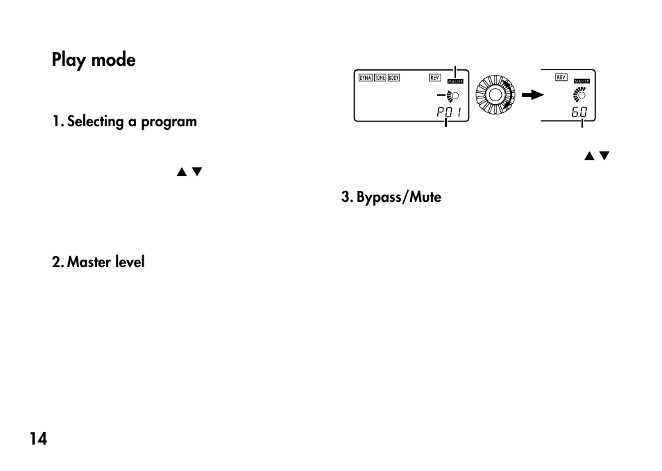 Play mode, Selecting a program, Master level | Bypass/mute, Selecting a program 2. master level 3. bypass/mute | KORG Pandora PX4A User Manual | Page 14 / 121