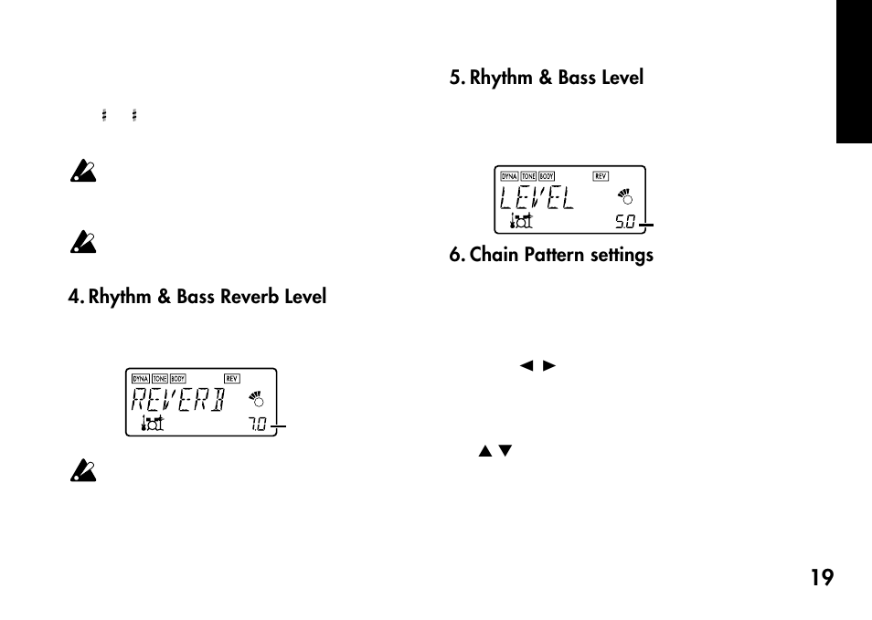 Rhythm & bass reverb level, Rhythm & bass level, Chain pattern settings | KORG Pandora PX4A User Manual | Page 19 / 121