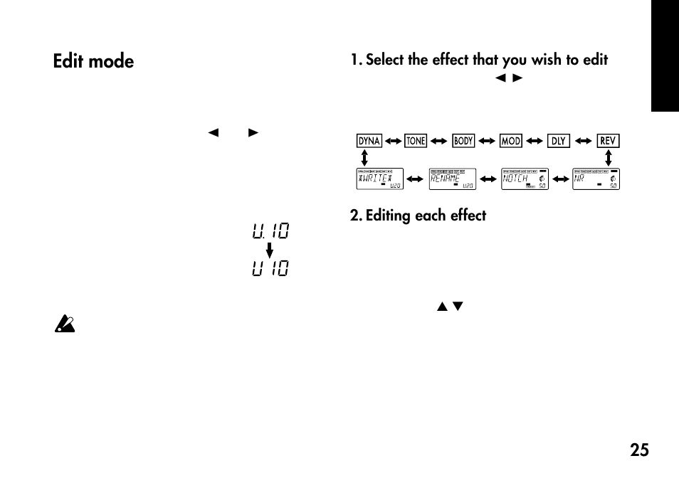 Edit mode, Select the effect that you wish to edit, Editing each effect | KORG Pandora PX4A User Manual | Page 25 / 121