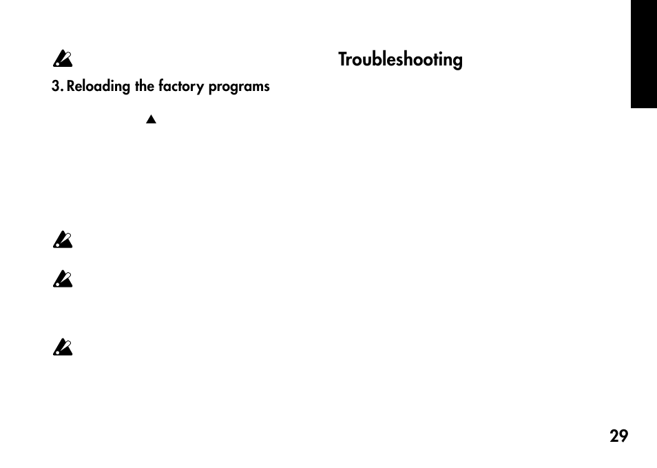 Reloading the factory programs, Troubleshooting | KORG Pandora PX4A User Manual | Page 29 / 121