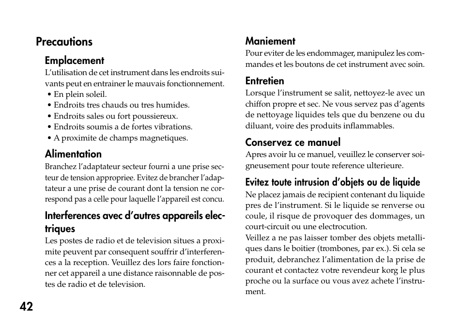 Français, 42 precautions | KORG Pandora PX4A User Manual | Page 42 / 121