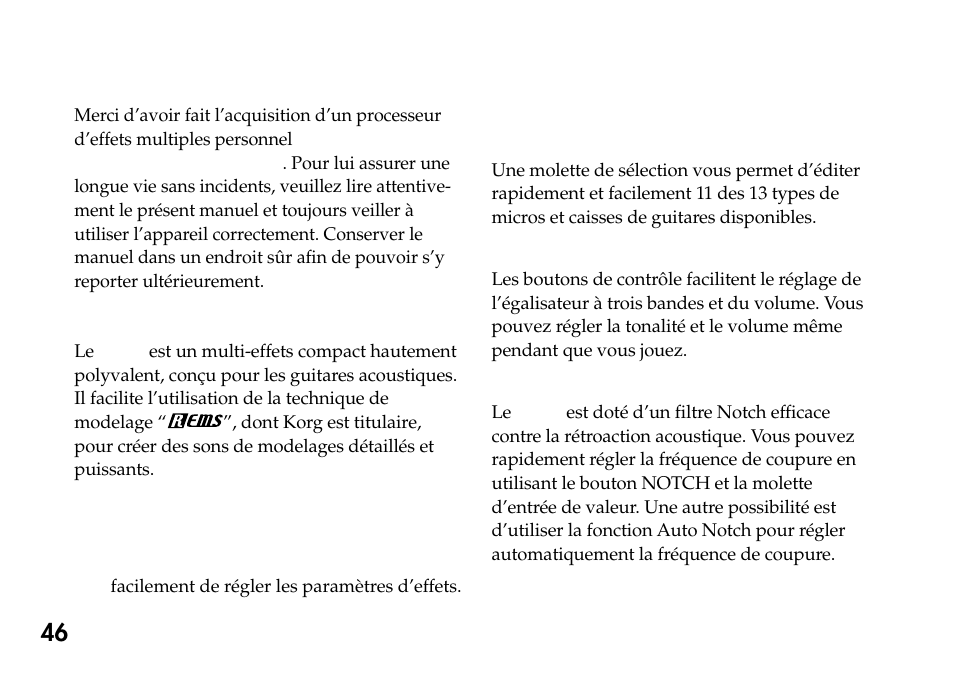 Introduction, Caractéristiques principales, Introduction caractéristiques principales | KORG Pandora PX4A User Manual | Page 46 / 121