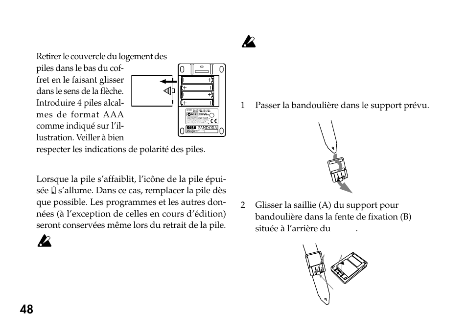 Mise sous tension, Affichage de pile épuisée, Utilisation du support pour bandoulière | KORG Pandora PX4A User Manual | Page 48 / 121
