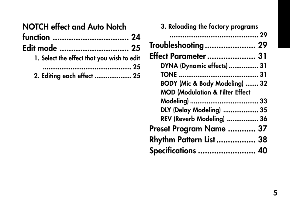 Notch effect and auto notch function edit mode, Troubleshooting effect parameter | KORG Pandora PX4A User Manual | Page 5 / 121