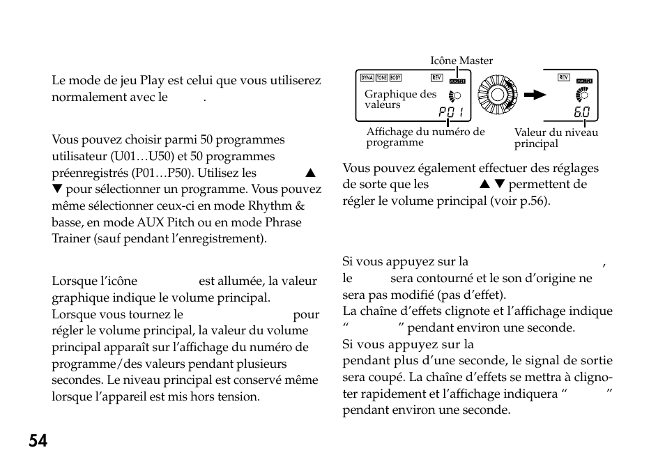 Mode de jeu play, Sélection d’un programme, Niveau principal | Contournement/assourdissement (bypass/mute), Sélection d’un programme 2. niveau principal, Contournement/assourdissement, Bypass/mute) | KORG Pandora PX4A User Manual | Page 54 / 121