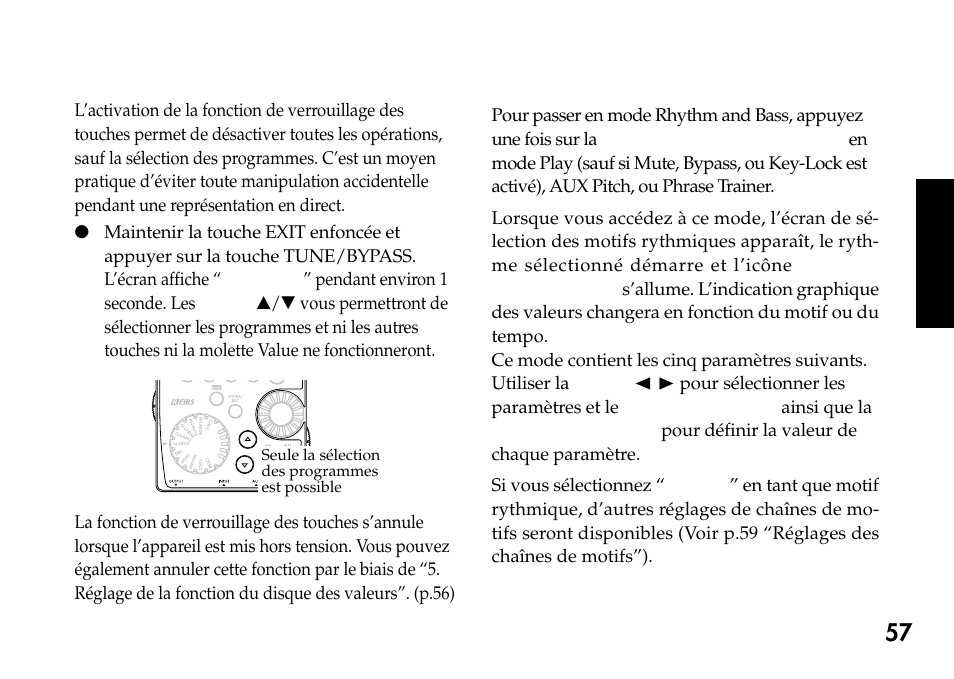 Fonction de verrouillage des touches, Mode rhythm and bass | KORG Pandora PX4A User Manual | Page 57 / 121