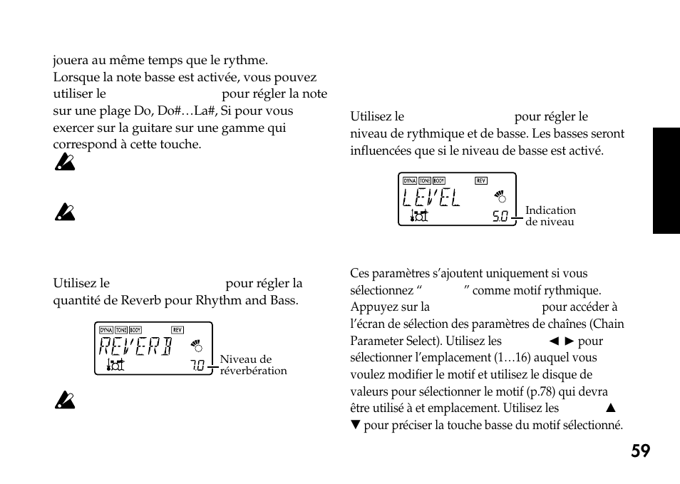 Niveau de réverbération rythmique et de basse, Niveau de rythmique et de basse, Réglages des chaînes de motifs | Niveau de réverbération rythmique et, De basse | KORG Pandora PX4A User Manual | Page 59 / 121