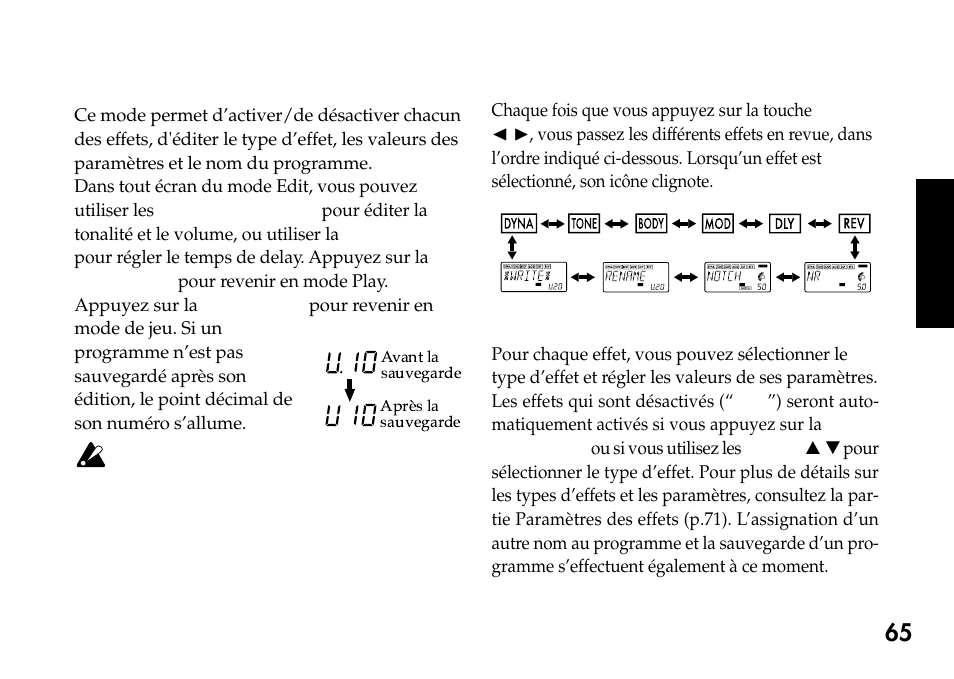 Mode d’édition edit, Sélectionner l’effet à éditer, Edition de chacun des effets | KORG Pandora PX4A User Manual | Page 65 / 121
