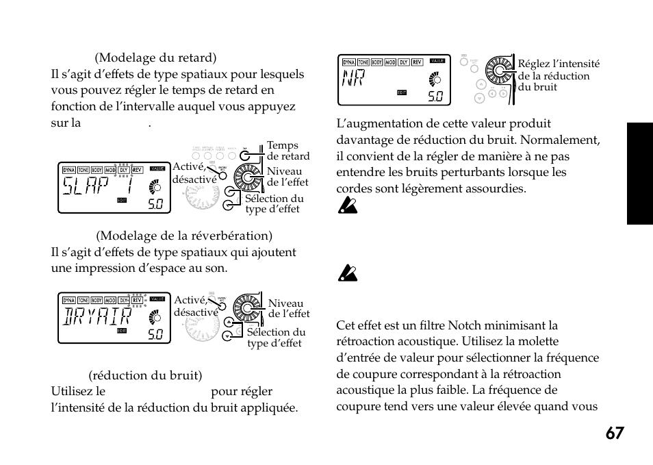 5) dly (modelage du retard), 6) rev (modelage de la réverbération), 7) nr (réduction du bruit) | 8) notch (effet notch) | KORG Pandora PX4A User Manual | Page 67 / 121