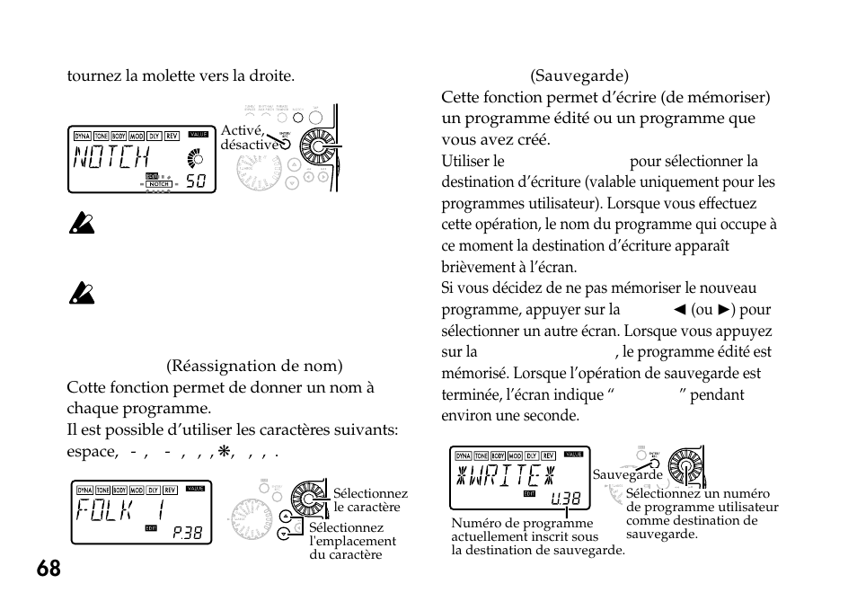 9) rename (réassignation de nom), 10) write (sauvegarde) | KORG Pandora PX4A User Manual | Page 68 / 121