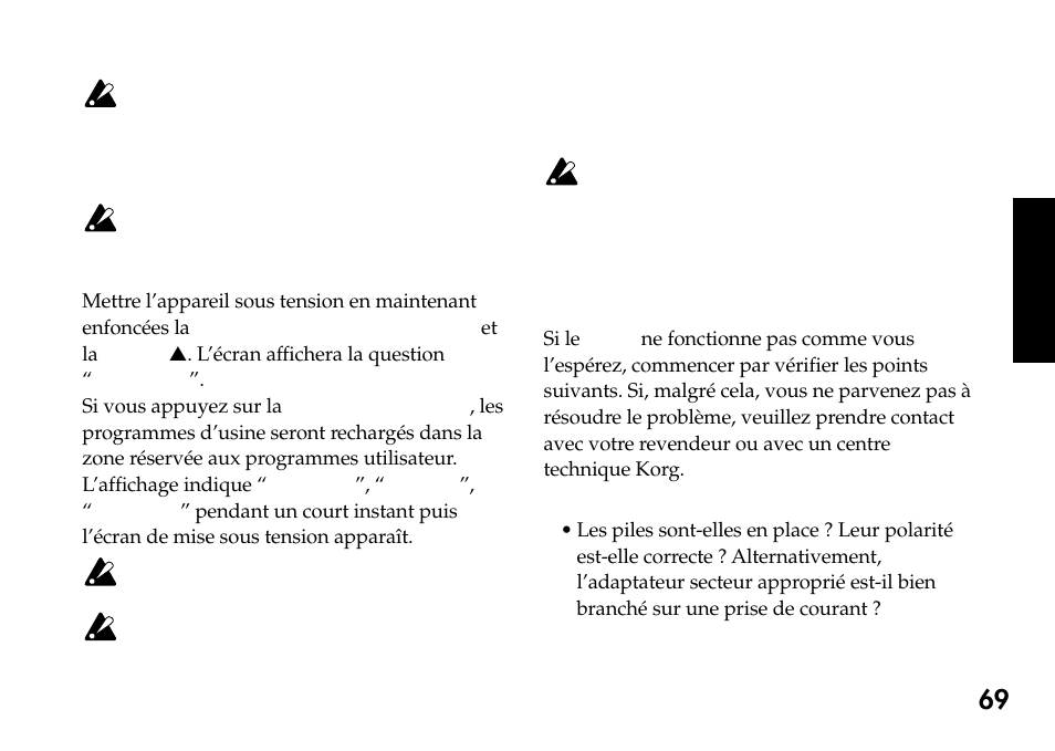 Réinitialisation aux programmes d’usine, Troubleshooting, Réinitialisation aux programmes | D’usine | KORG Pandora PX4A User Manual | Page 69 / 121