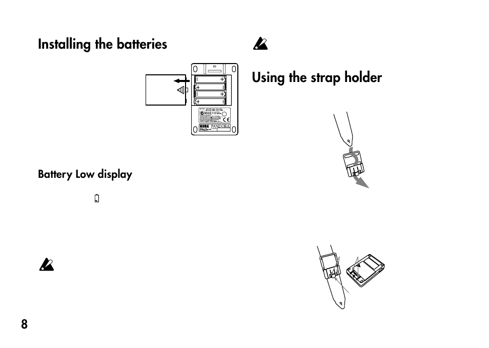 Installing the batteries, Battery low display, Using the strap holder | KORG Pandora PX4A User Manual | Page 8 / 121