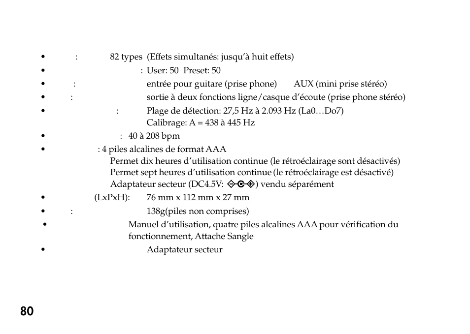 Specifications | KORG Pandora PX4A User Manual | Page 80 / 121