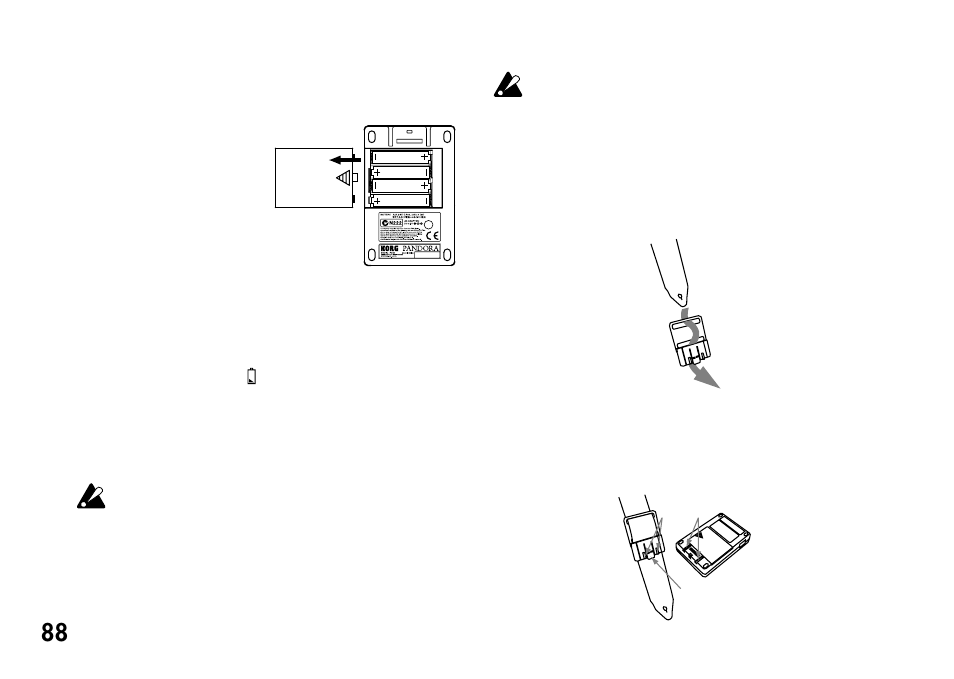 Einschalten, Batterieanzeige, Befestigen der gurthalterung | KORG Pandora PX4A User Manual | Page 88 / 121