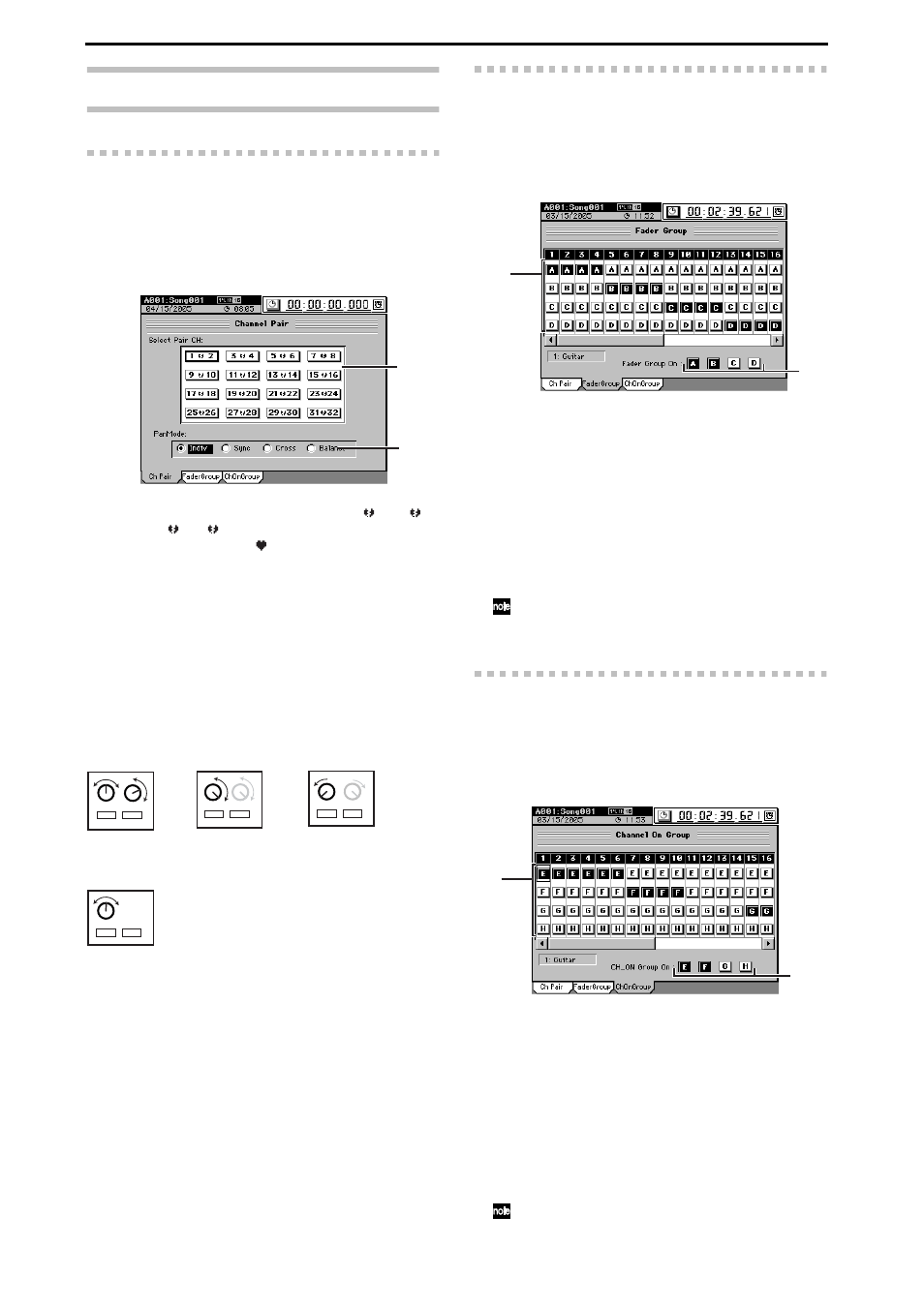 2b. pair/group, 2b-1. channel pair, 2b-2. fader group | 2b-3. channel on group, P.102), 102 2b. pair/group, Operation when tracks 1 and 2 are paired, Indiv sync cross balance | KORG D3200 User Manual | Page 112 / 200