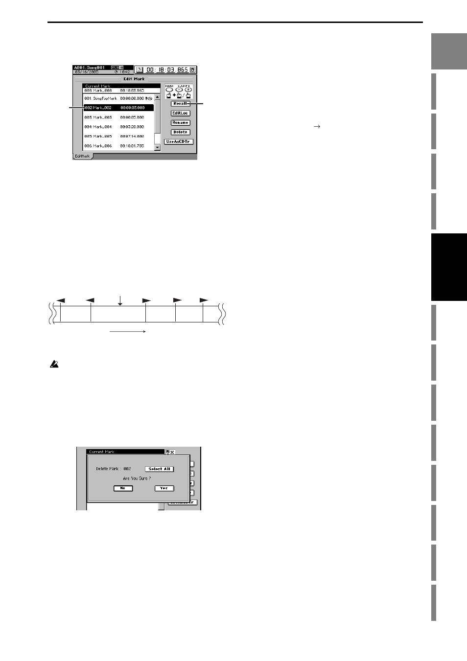 Moving to the location assigned to a mark, Using the mark keys to move, Deleting a mark | Renaming a mark, Operation | KORG D3200 User Manual | Page 49 / 200
