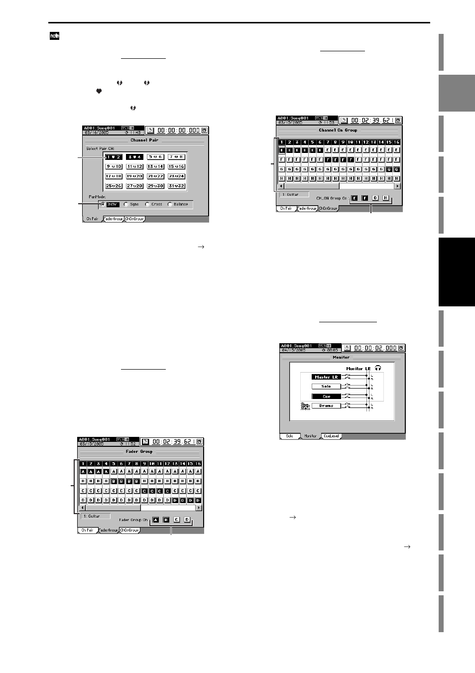 6. group settings, Fader groups, Ch on groups | 7. monitor settings, Fader groups ch on groups, P.47, Refer to “3-7. monitor settings, P.47), Operation | KORG D3200 User Manual | Page 57 / 200